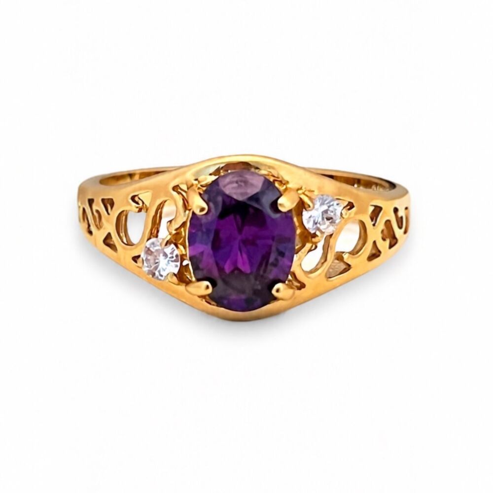 Vintage 1970s Ring Size 6 Purple CZ Filigree Prong Set Gold Plated - 14A